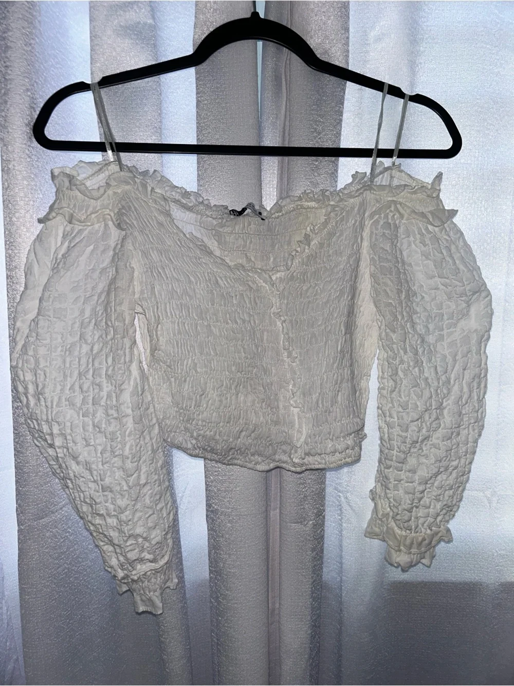 Zara White Smocked Off-Shoulder Crop Top with Puff Sleeves